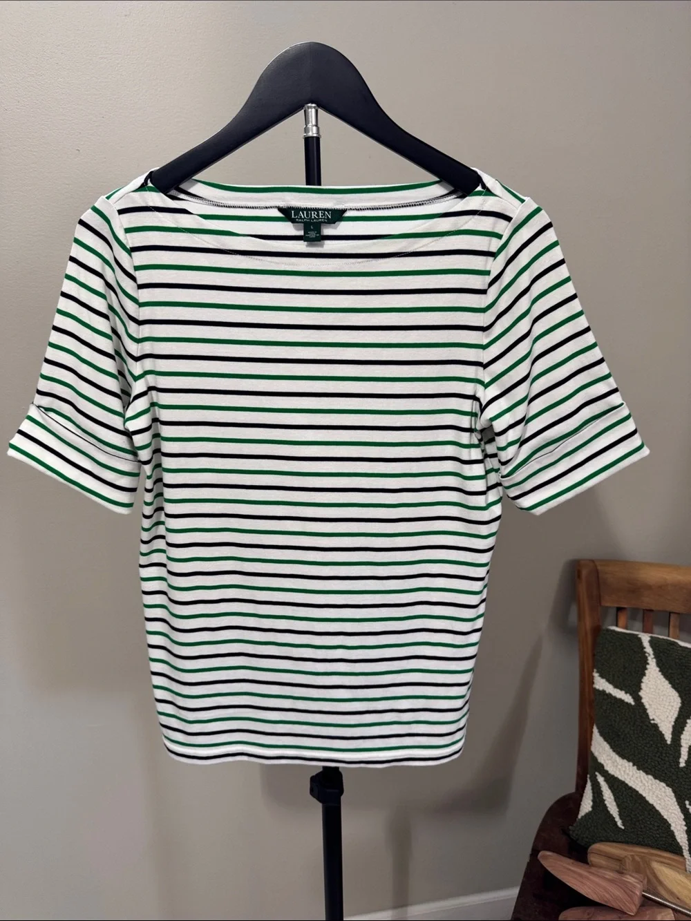 Lauren Ralph Lauren Women’s Striped Boat Neck Top Green Navy White Size Large